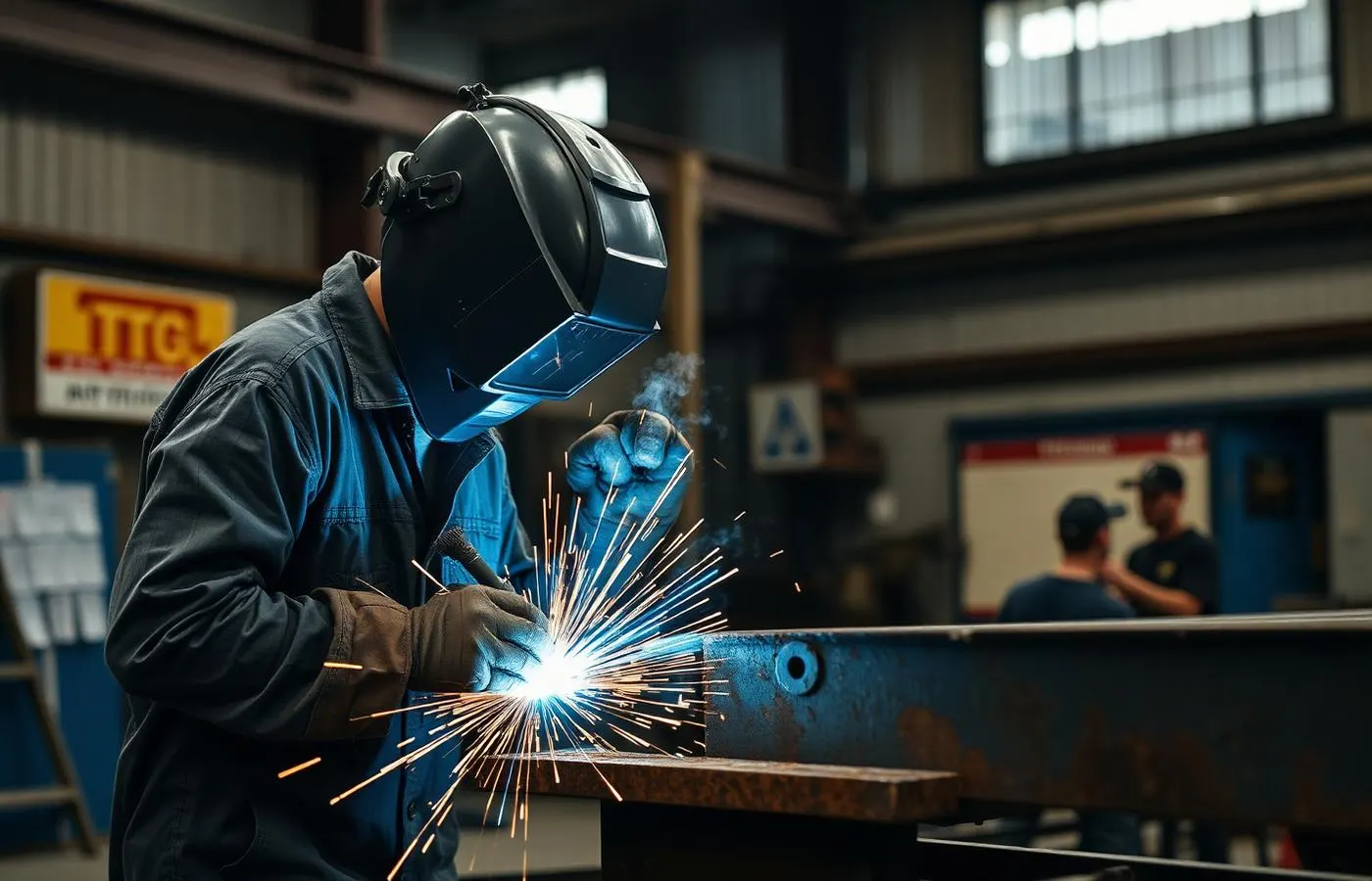 Welder fabricating a heavy steel trailer frame in a Texas shop