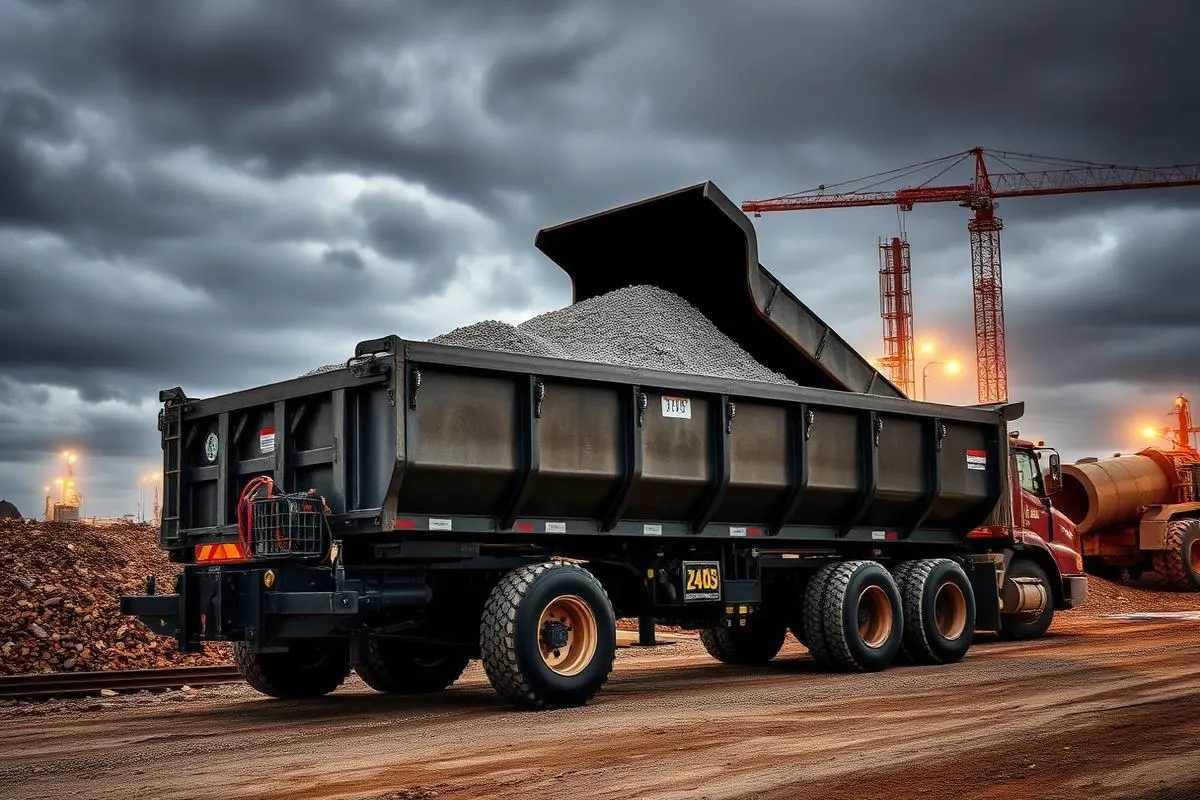 Heavy duty steel dump trailer unloading gravel at a construction site