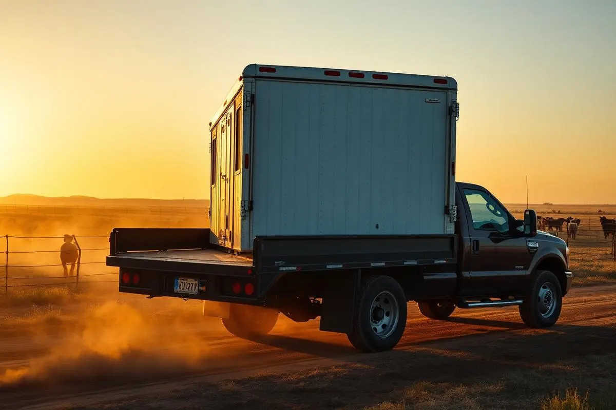 Gooseneck flatbed trailer hitched in a pickup bed on a Texas ranch at sunset