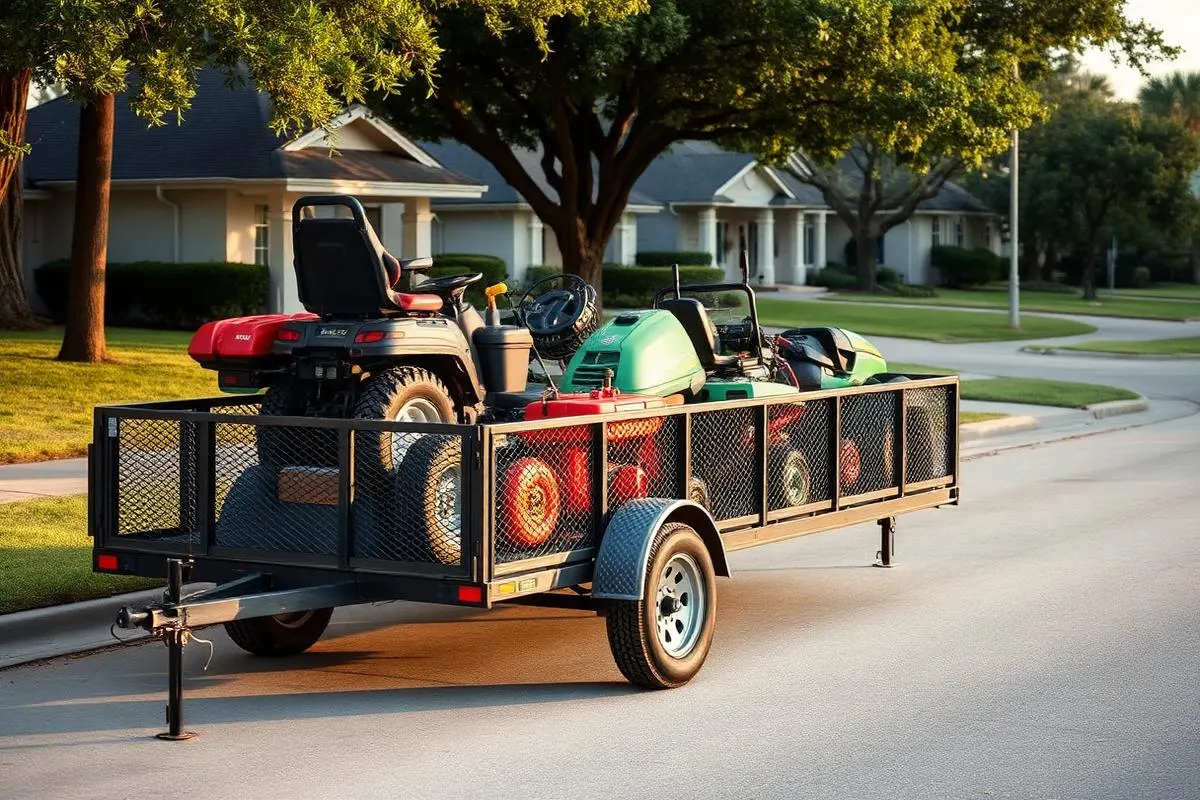 Landscape trailer loaded with mowers and lawn equipment on a suburban street