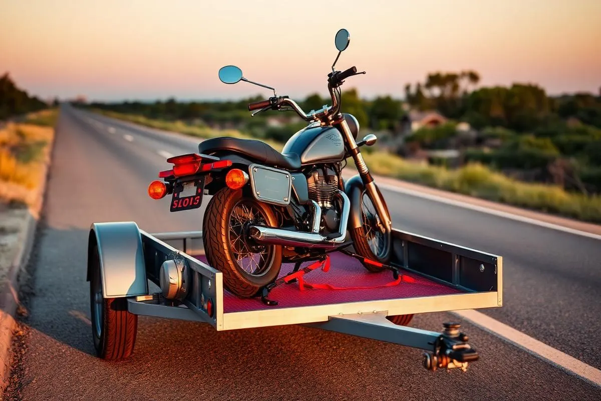 Small open motorcycle trailer with a cruiser motorcycle strapped down on a Texas road