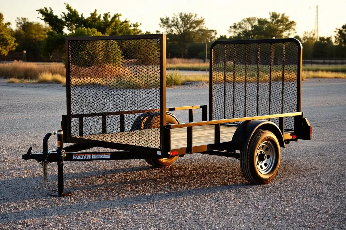 Single axle steel utility trailer with mesh ramp gate parked on gravel