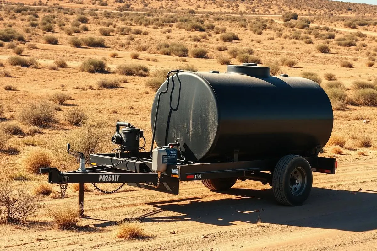 Heavy duty water tank trailer on a dusty Texas ranch road
