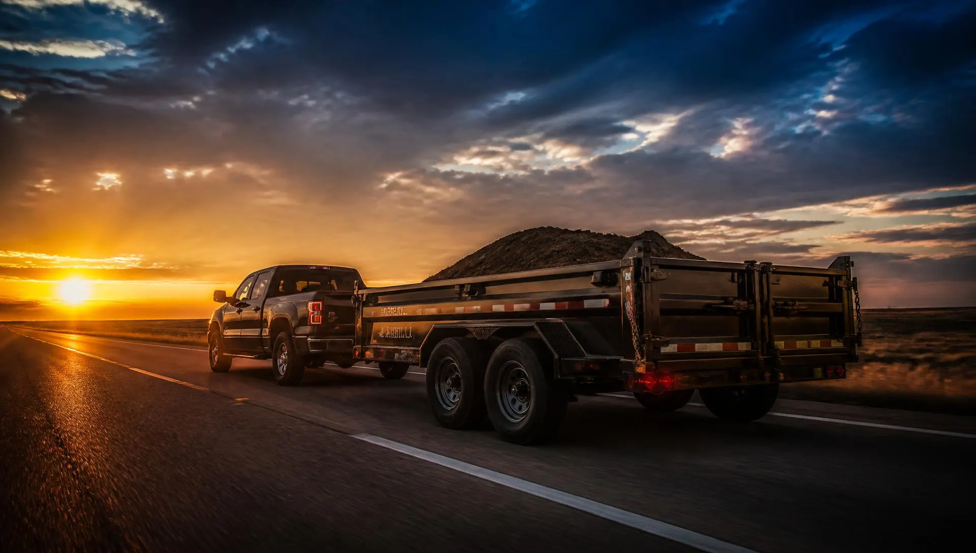 Pickup truck towing a heavy duty dump trailer on a Texas highway at sunset